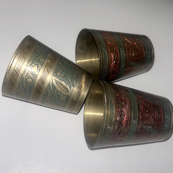 3 Vintage Brass Etched Hand Painted Shot Glass Made in India Circa WWII VTG GUC - Picture 14 of 14